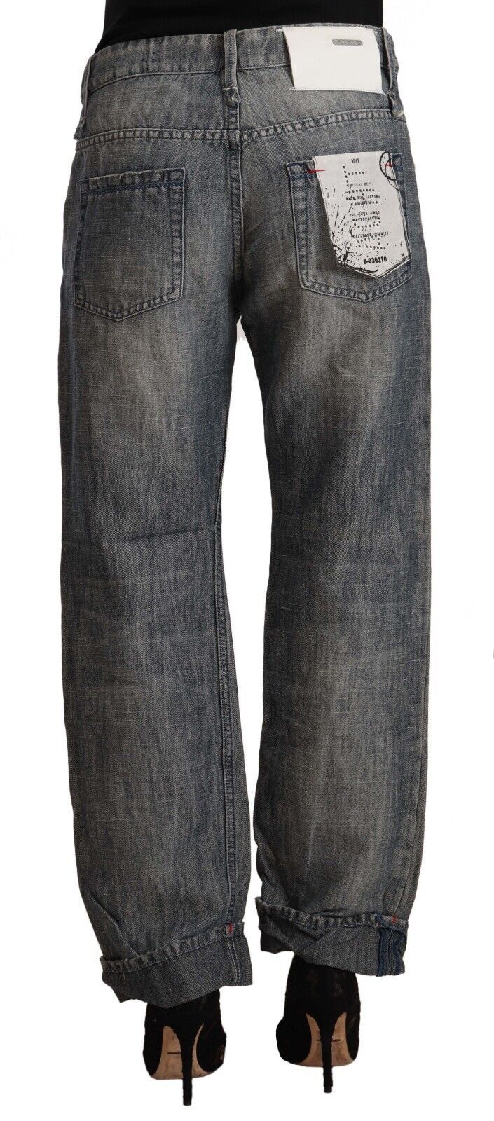 Acht Graue gewaschene Ramie Straight Denim Jeans mit gefaltetem Saum