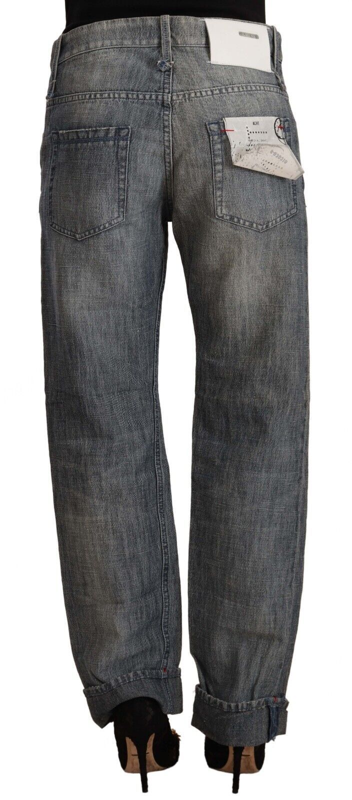 Acht Graue gewaschene Jeans mit mittlerer Taille aus geradem Denim mit gefaltetem Saum