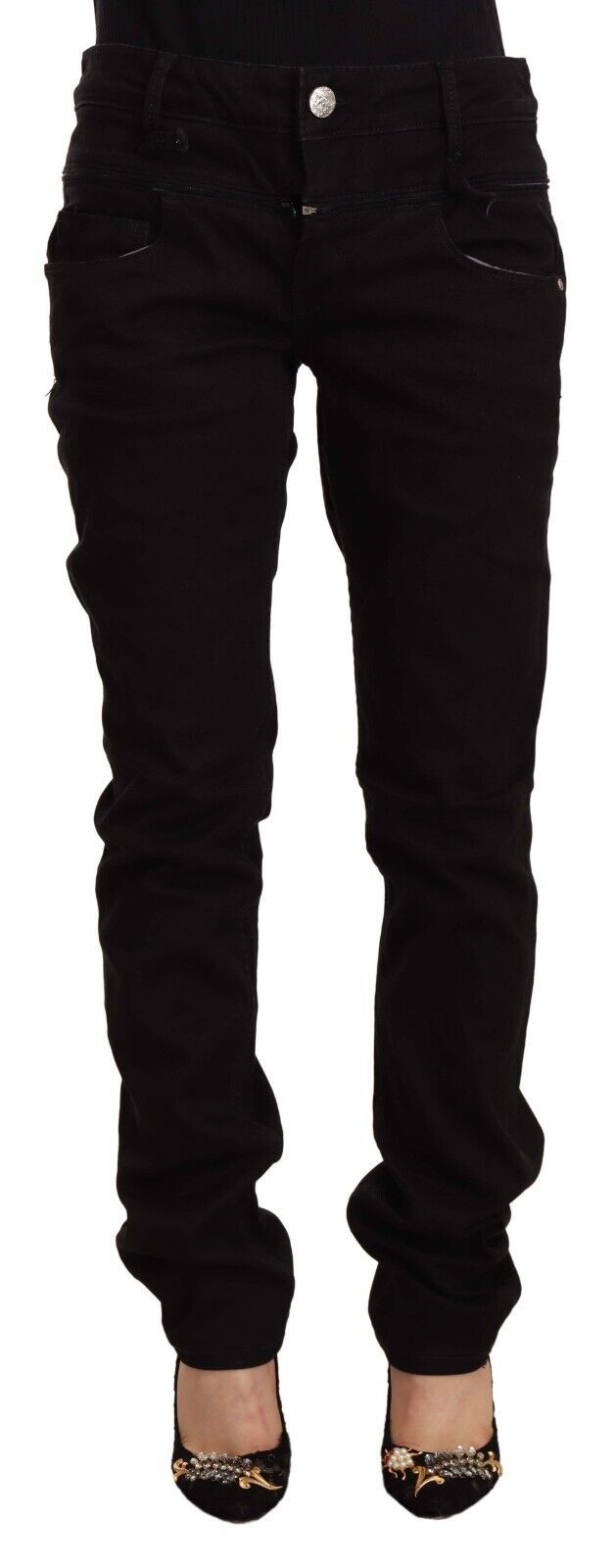 Acht Schwarze Skinny-Jeans aus Baumwoll-Stretch-Denim mit niedriger Taille