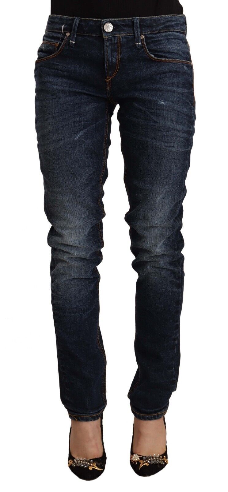 Acht Blaue Skinny Denim-Jeans aus gewaschener Baumwolle mit mittlerer Taille
