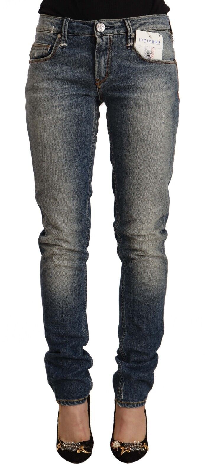 Acht Blaue Skinny Denim-Jeans aus gewaschener Baumwolle mit mittlerer Taille