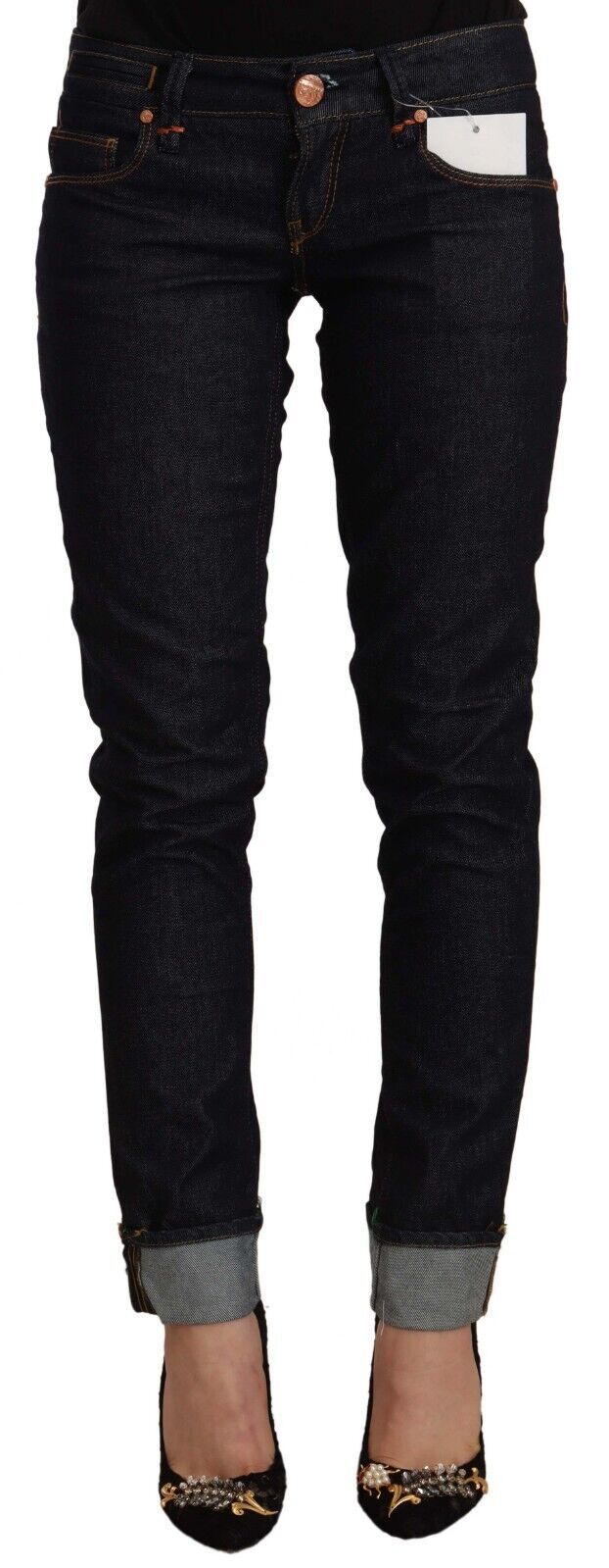 Acht Schwarze Slim Fit Denim Jeans aus Baumwolle mit niedriger Taille