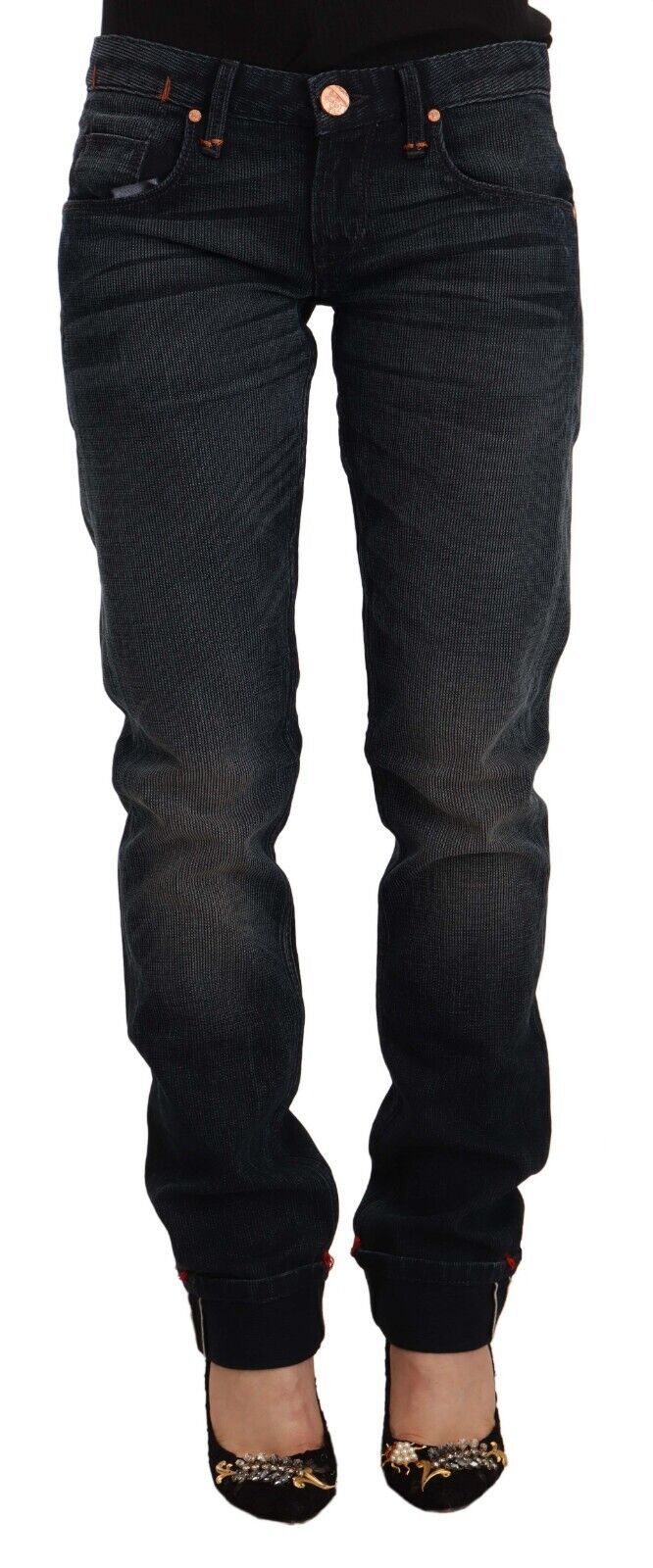 Acht Schwarze Skinny Denim-Jeans mit niedriger Taille aus gewaschener Baumwolle