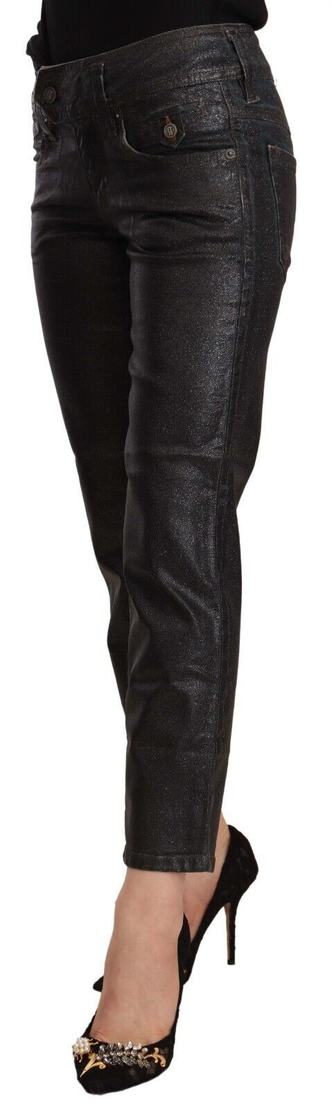 John Galliano Schwarze glitzernde Baumwoll-Cropped-Hose mit mittlerer Taille