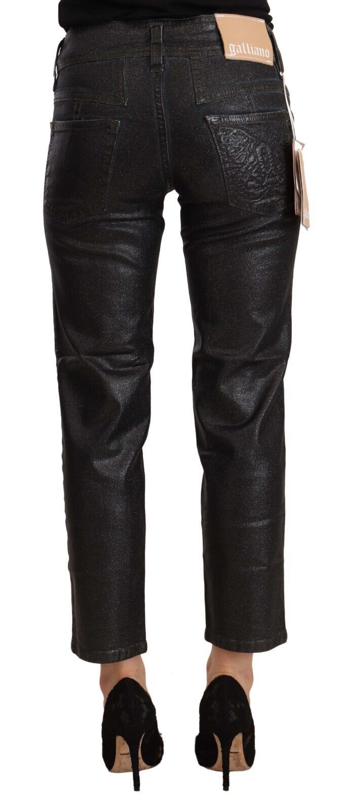 John Galliano Schwarze glitzernde Baumwoll-Cropped-Hose mit mittlerer Taille
