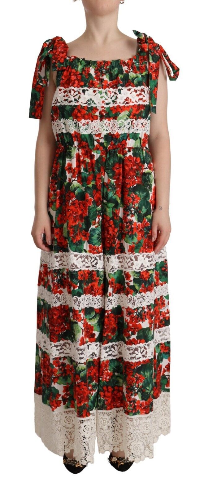 Dolce & Gabbana Langes Maxikleid mit mehrfarbigem Geranienprint und Spitze