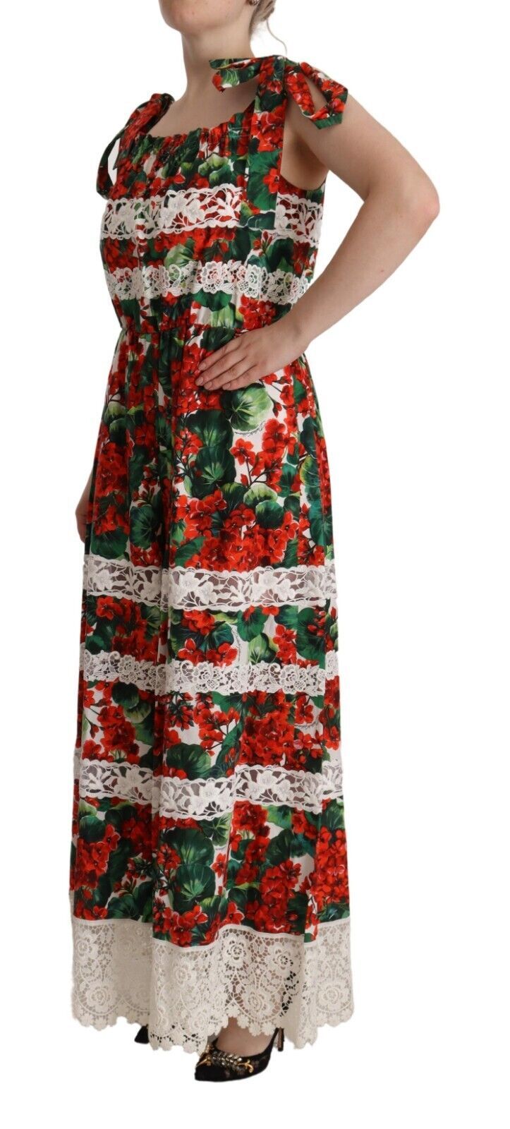 Dolce & Gabbana Langes Maxikleid mit mehrfarbigem Geranienprint und Spitze