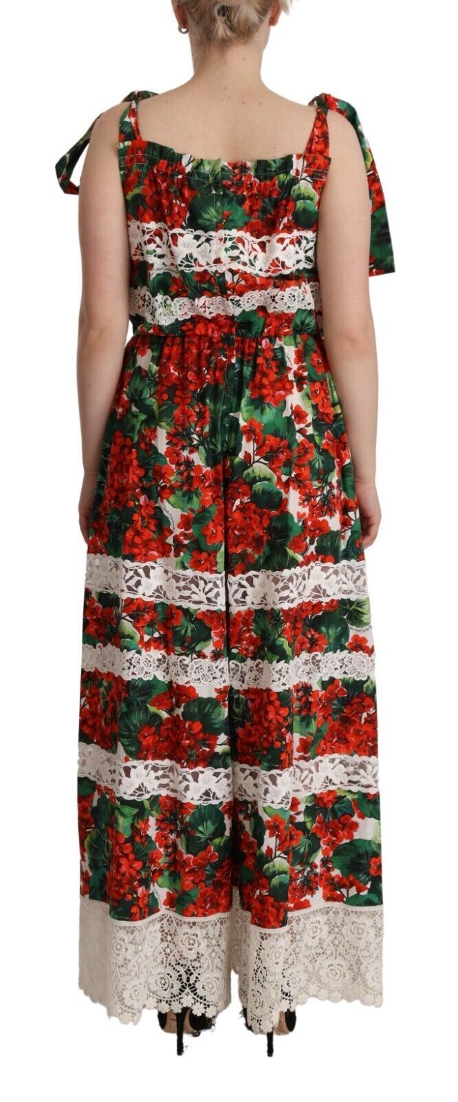 Dolce & Gabbana Langes Maxikleid mit mehrfarbigem Geranienprint und Spitze