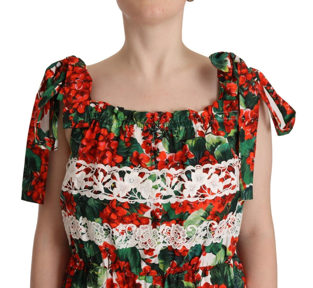 Dolce & Gabbana Langes Maxikleid mit mehrfarbigem Geranienprint und Spitze