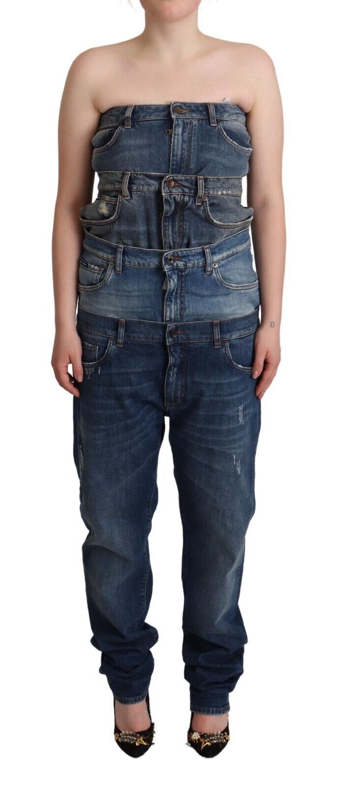 Dolce & Gabbana Dunkelblaues trägerloses Denim-Jumpsuit-Kleid aus Baumwolle