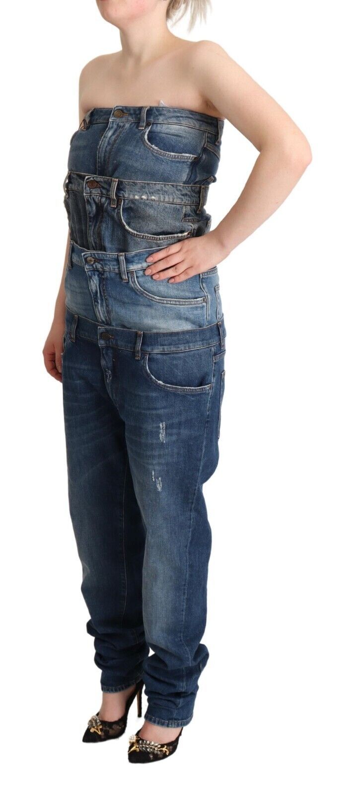 Dolce & Gabbana Dunkelblaues trägerloses Denim-Jumpsuit-Kleid aus Baumwolle