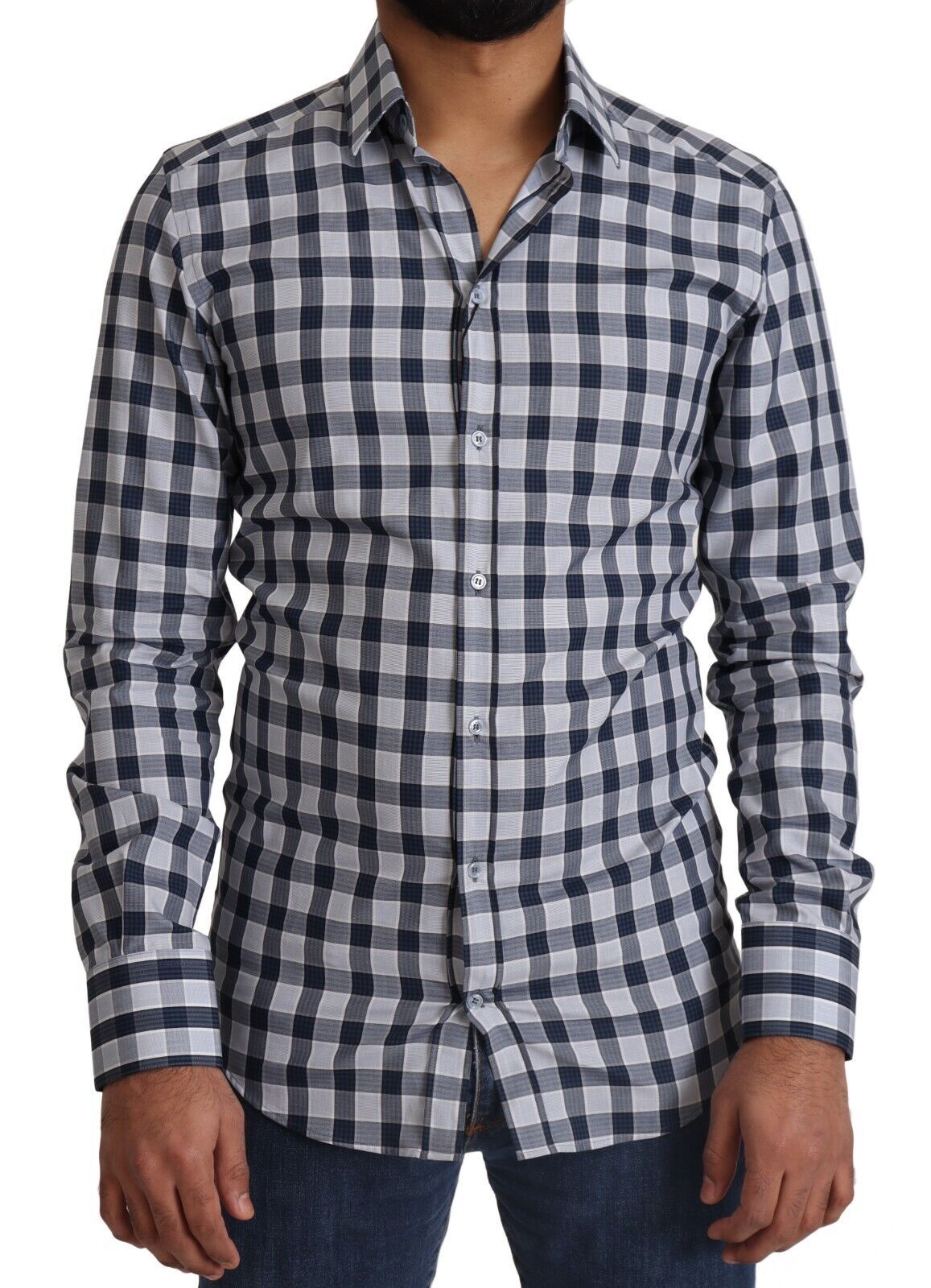 Dolce & Gabbana Blau Weiß Karo Baumwolle Slim Fit GOLD Hemd