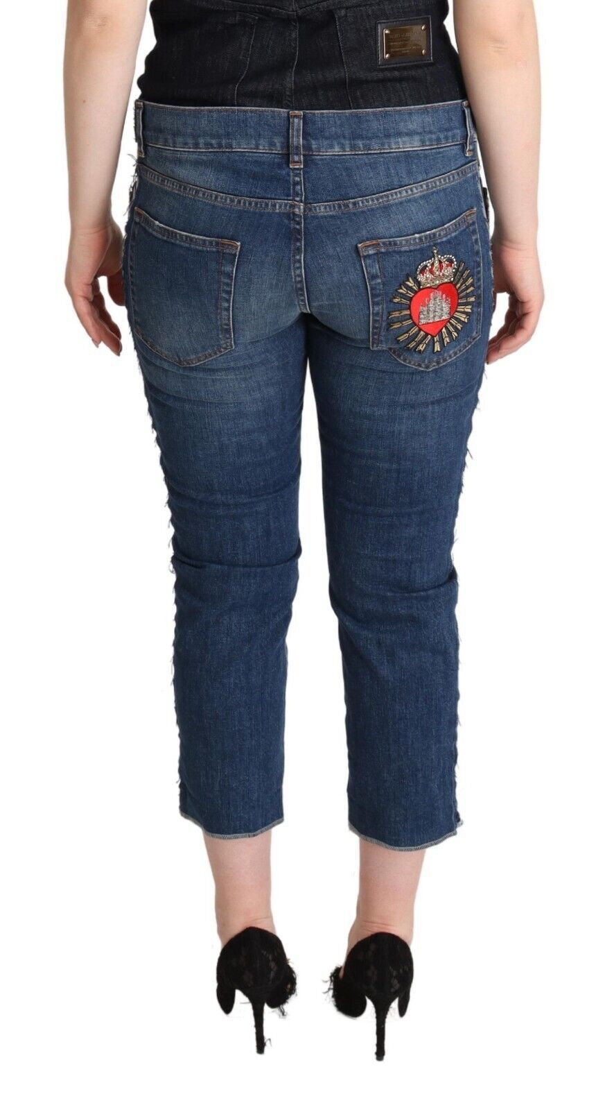 Dolce & Gabbana Blau gewaschene Denim Logo Cropped Jeans mit mittlerer Taille