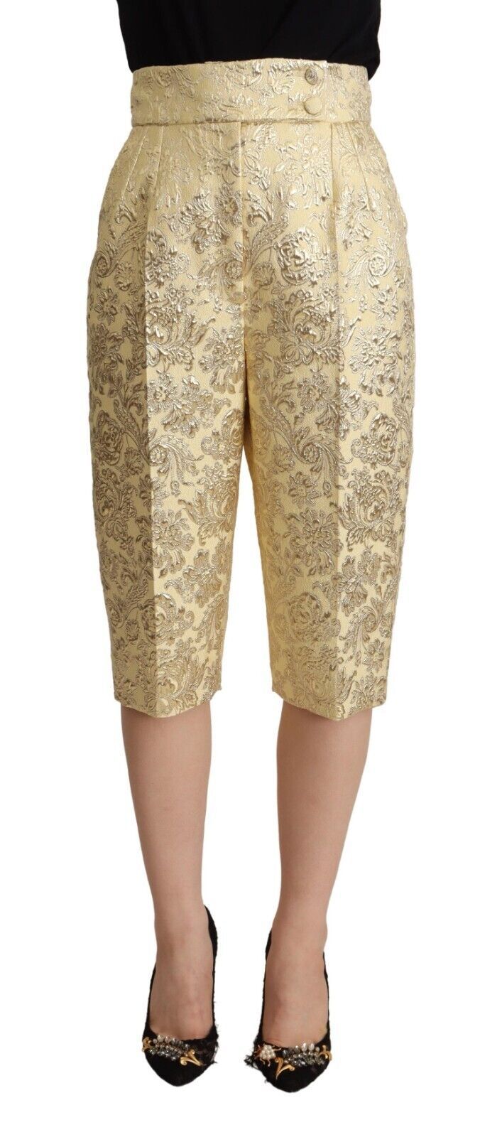 Dolce & Gabbana Beige Floral Brokat Hose mit hoher Taille Gekürzte Hose