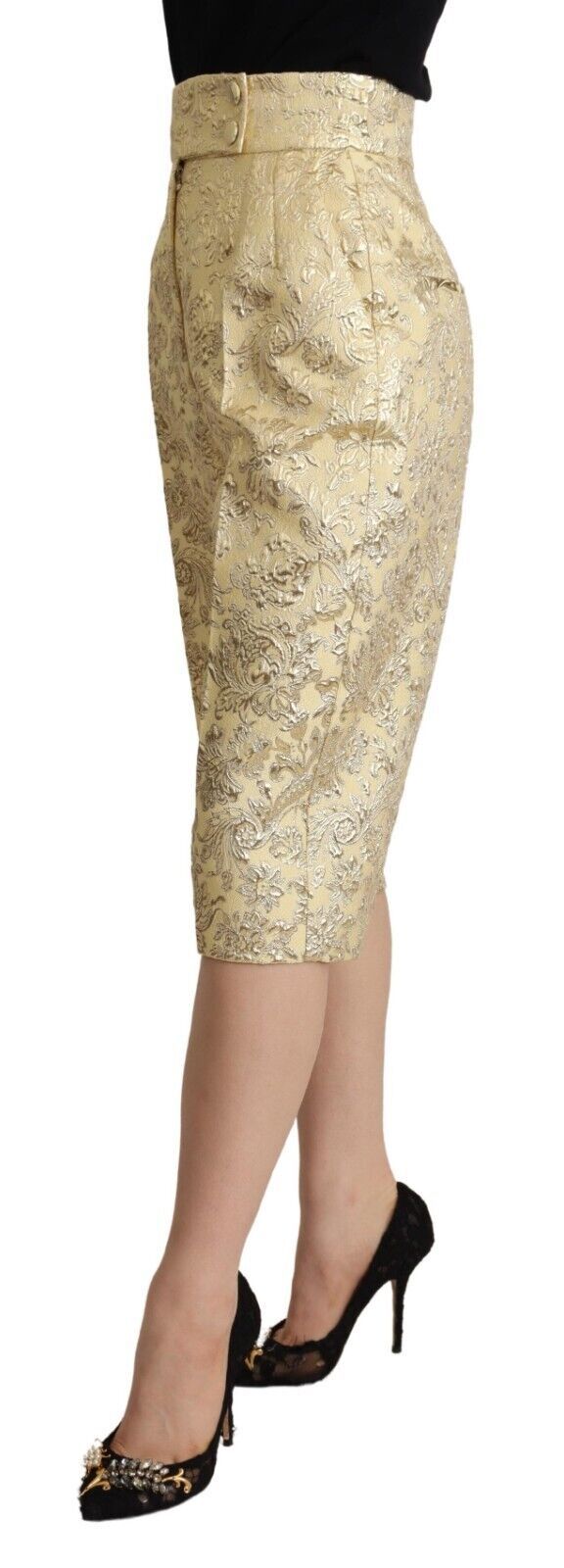 Dolce & Gabbana Beige Floral Brokat Hose mit hoher Taille Gekürzte Hose