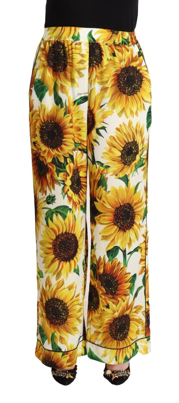 Dolce & Gabbana Weiße Sonnenblumen Print Mid Waist Wide Leg Pants