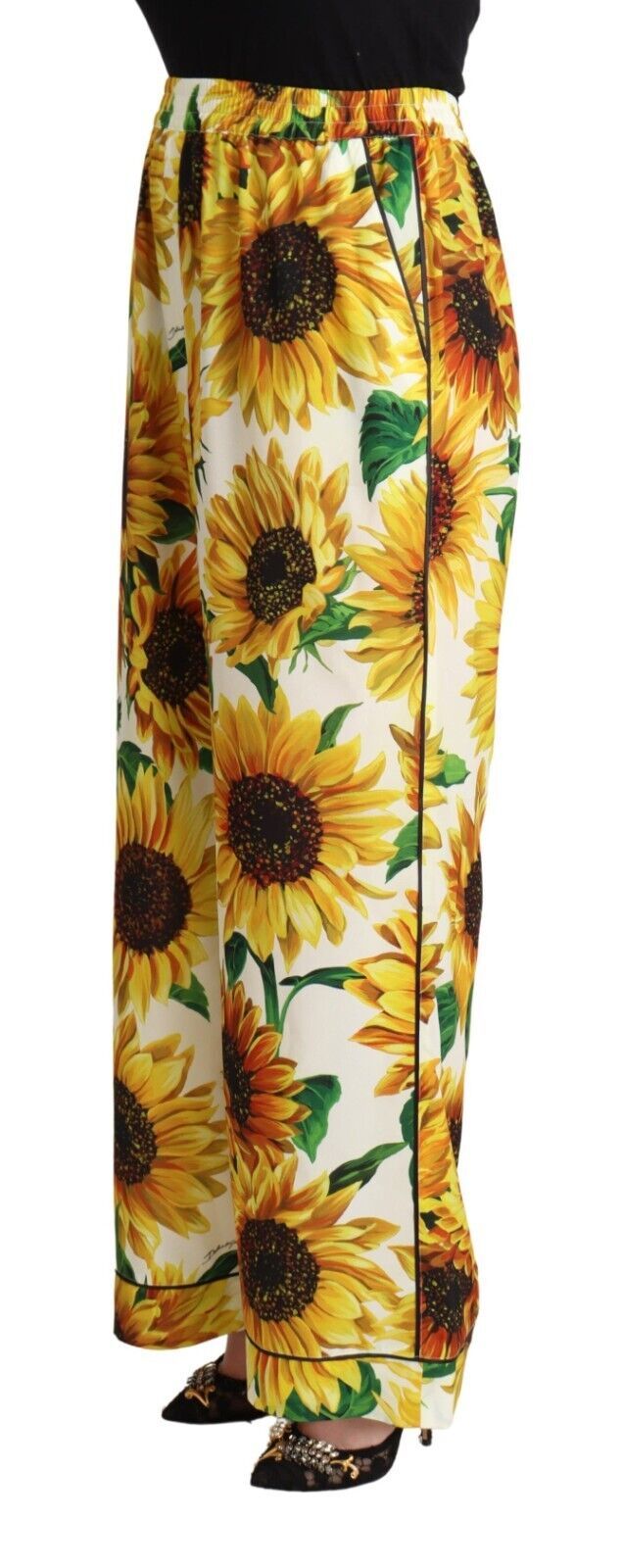 Dolce & Gabbana Weiße Sonnenblumen Print Mid Waist Wide Leg Pants