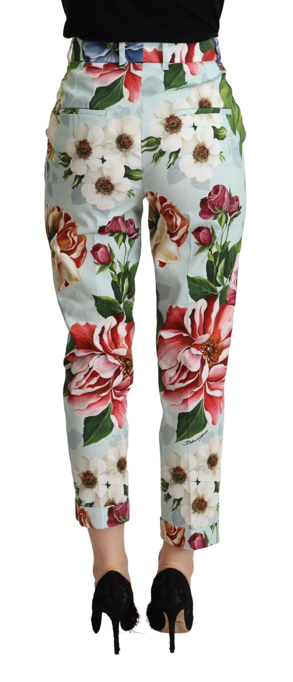 Dolce & Gabbana Hellblaue Hose mit Fiori-Druck aus Baumwolle, konisch zulaufend