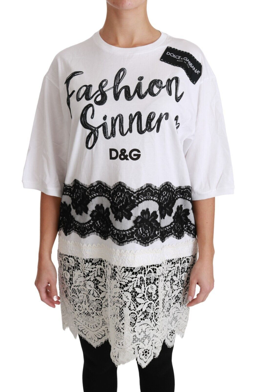 Dolce & Gabbana Weißes Fashion Sinner Baumwoll-Spitzen-T-Shirt-Top