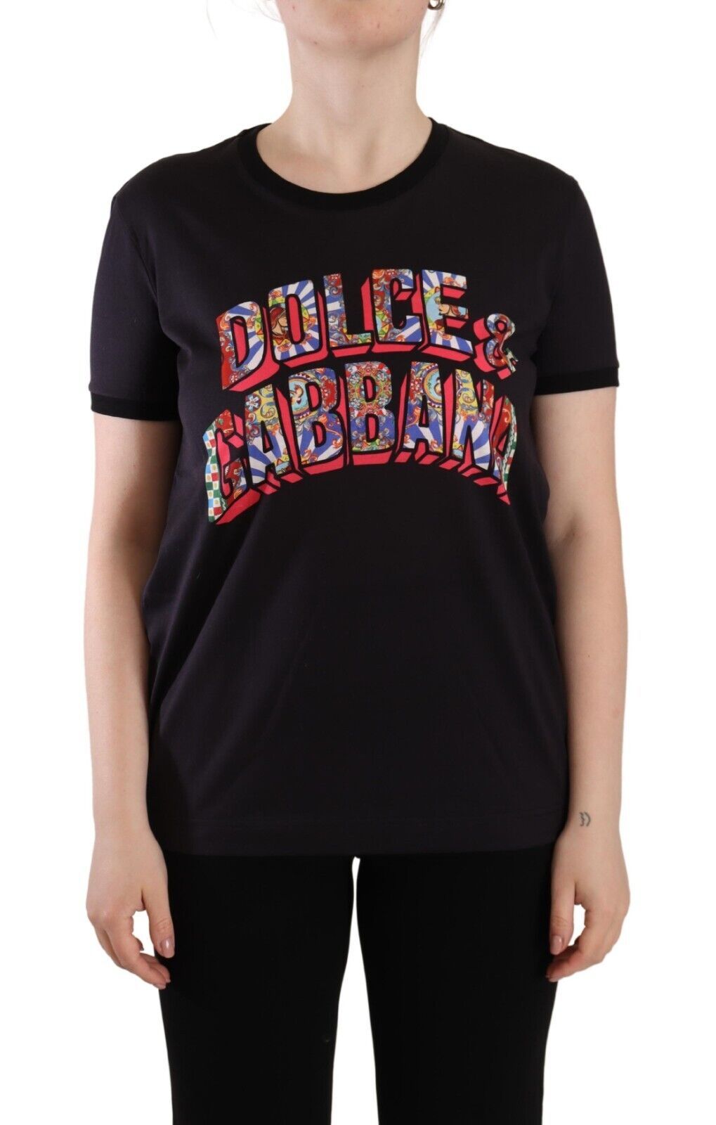 Dolce & Gabbana Schwarzes Logo Print Baumwolle Rundhals T-Shirt