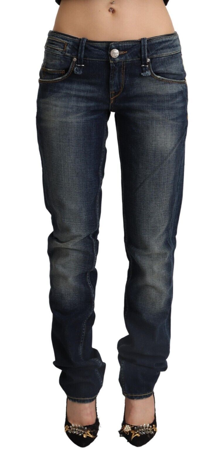 Acht Dunkelblaue Skinny Denim Jeans mit niedriger Taille aus gewaschener Baumwolle
