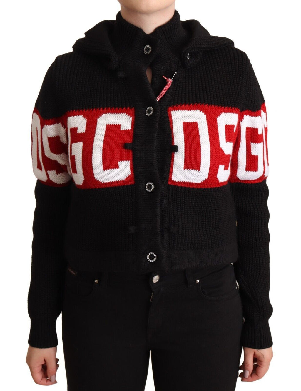 GCDS Schwarze Kaschmir-Kapuzenjacke mit Knopfleiste und Logo-Cardigan