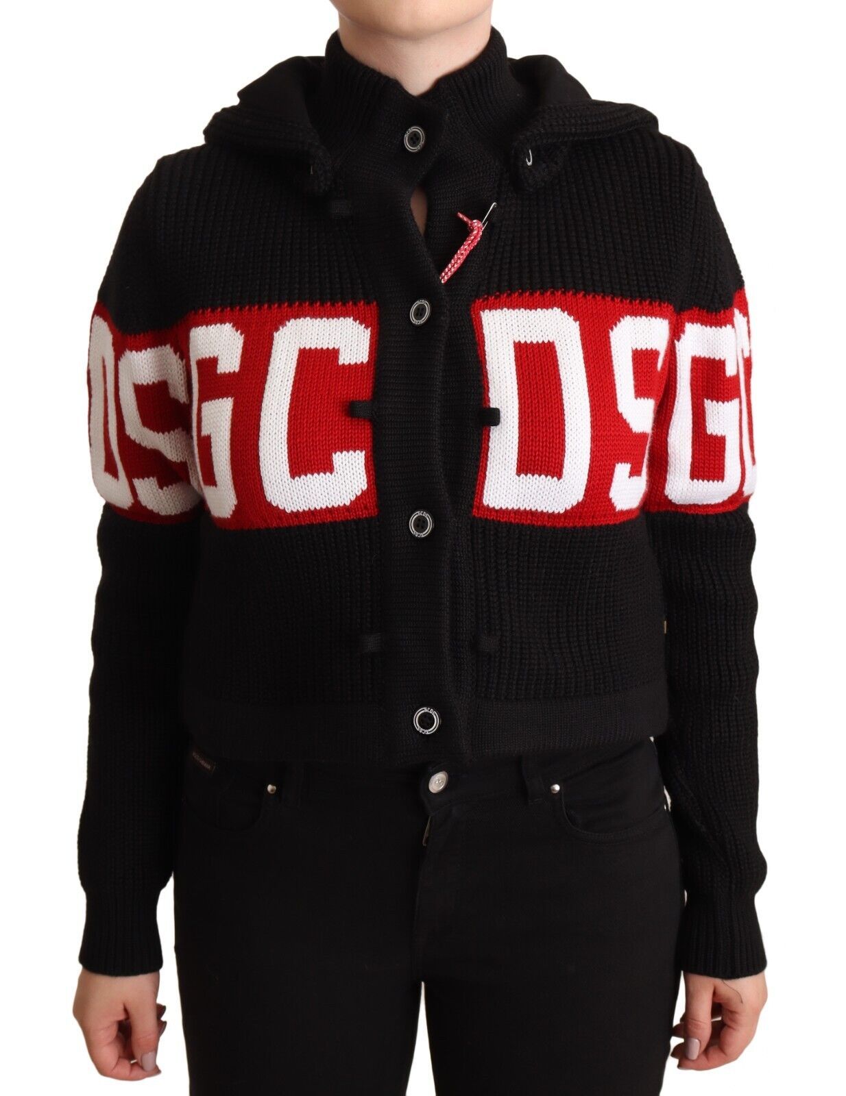 GCDS Schwarze Kaschmir-Kapuzenjacke mit Knopfleiste und Logo-Cardigan