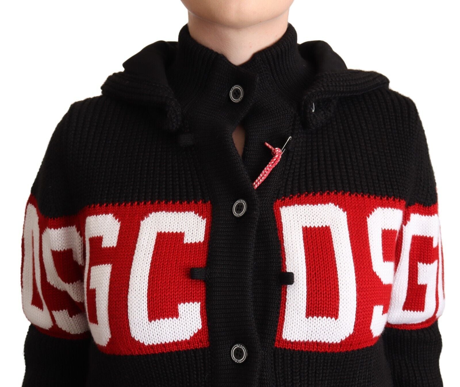 GCDS Schwarze Kaschmir-Kapuzenjacke mit Knopfleiste und Logo-Cardigan