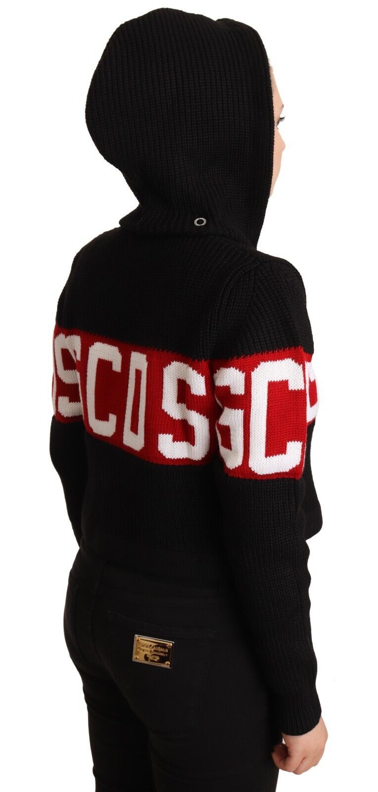 GCDS Schwarze Kaschmir-Kapuzenjacke mit Knopfleiste und Logo-Cardigan