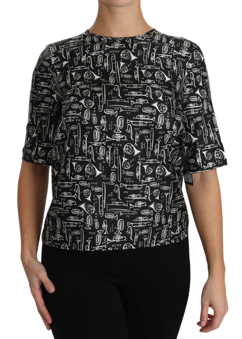 Dolce & Gabbana Schwarze Seidenbluse mit Musikinstrumenten-Druck