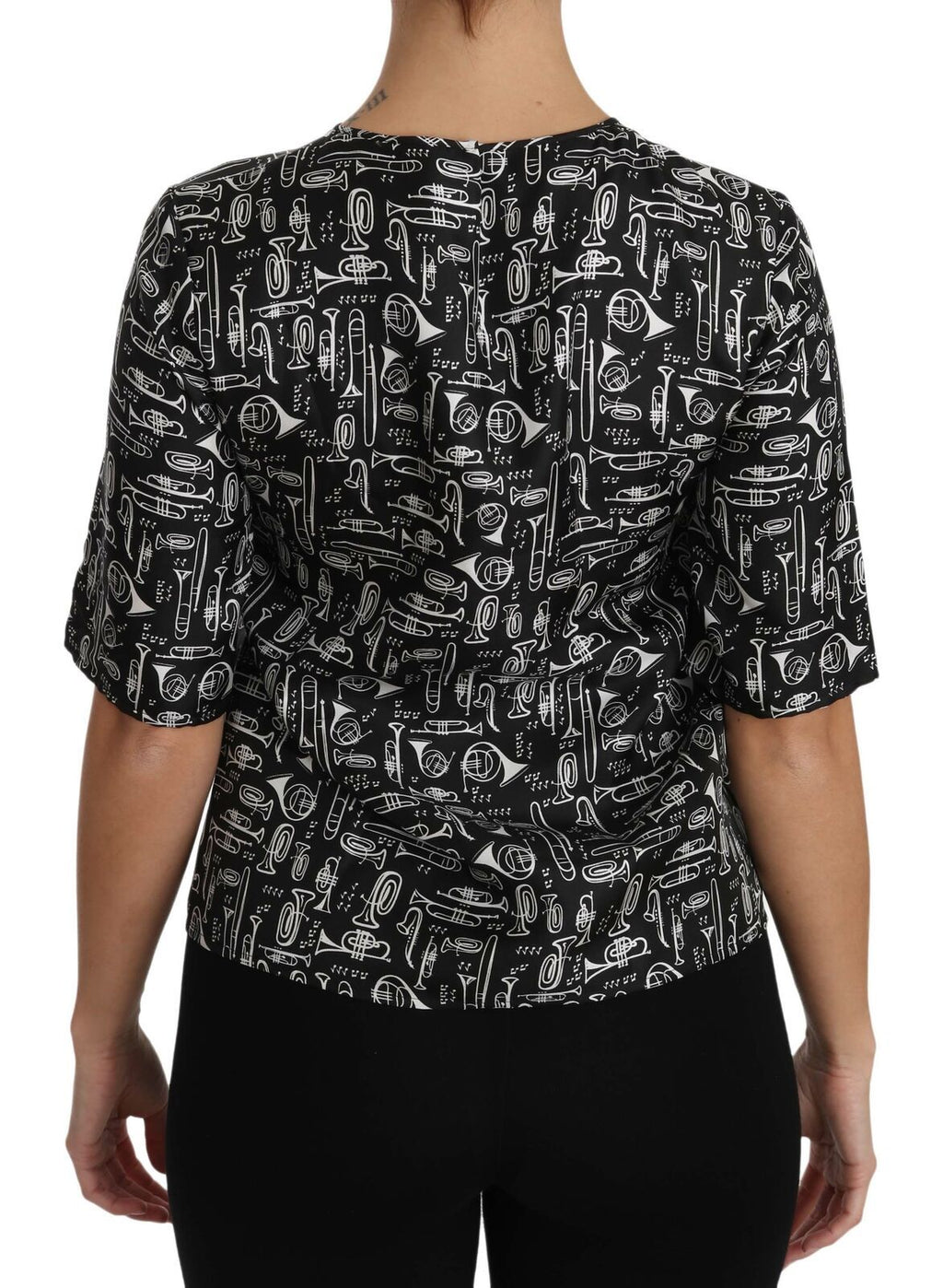 Dolce & Gabbana Schwarze Seidenbluse mit Musikinstrumenten-Druck