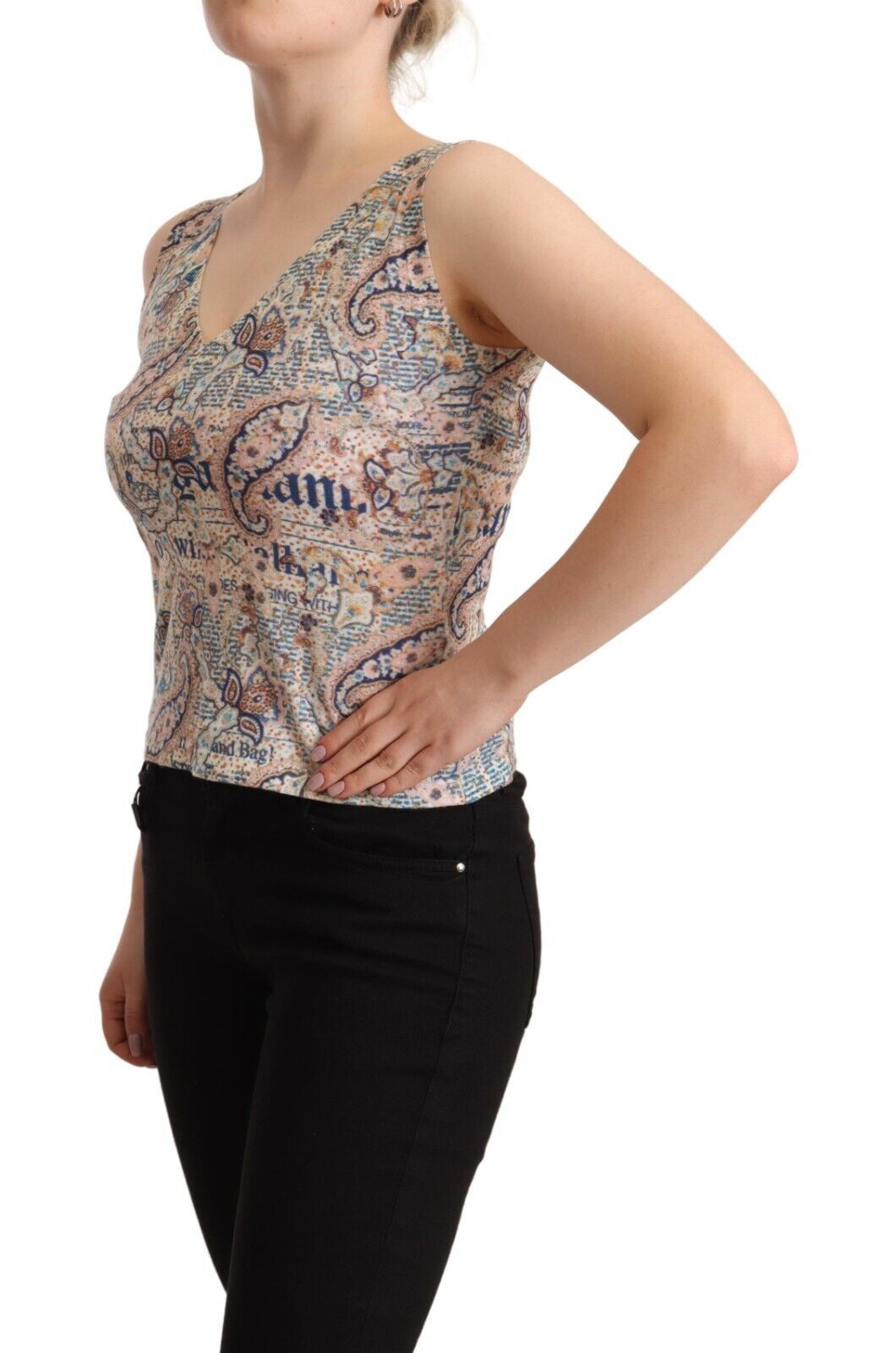 John Galliano Mehrfarbiges ärmelloses Baumwoll-Tank-Top mit V-Ausschnitt