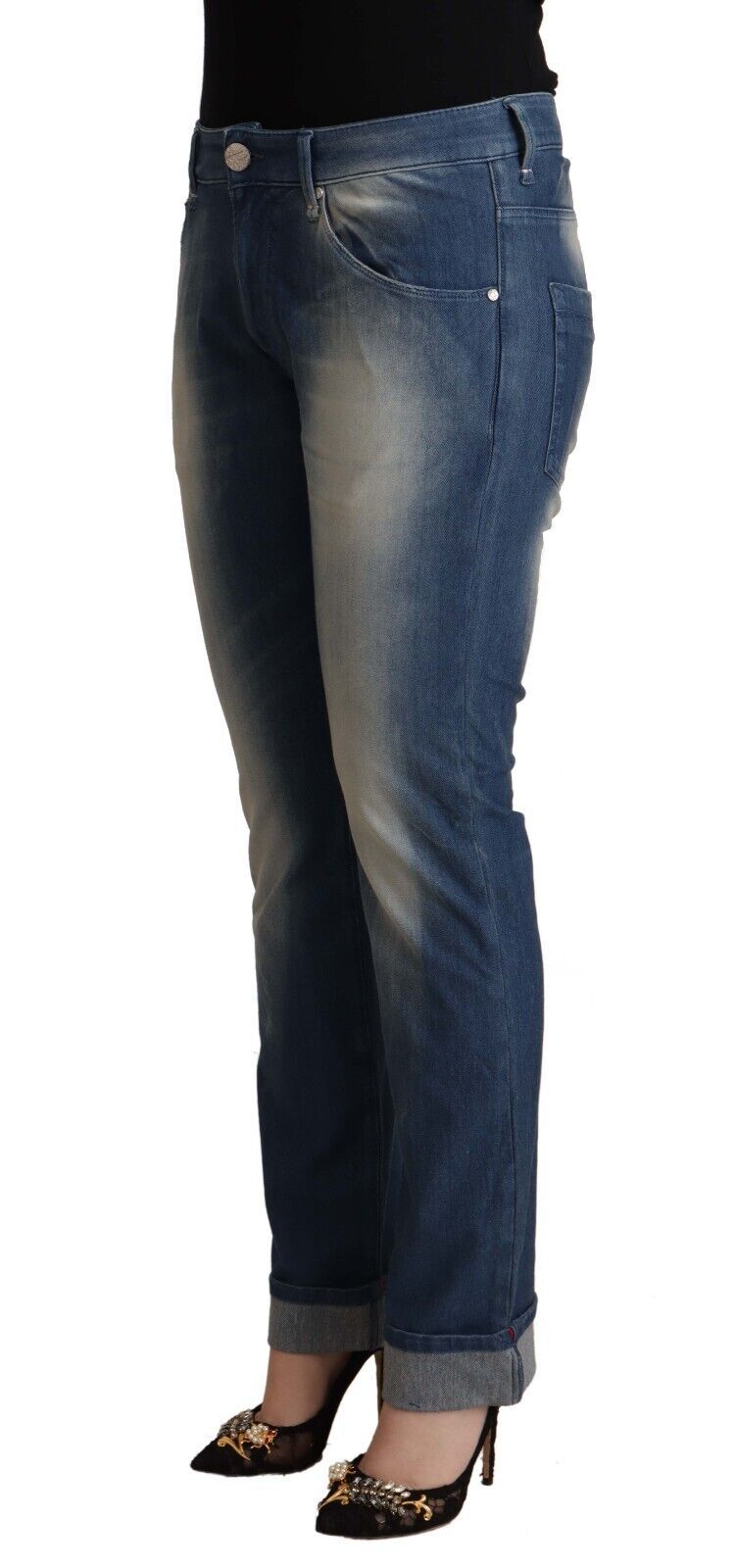 Acht Blau gewaschene Skinny Jeans mit gefaltetem Saum und mittlerer Taille