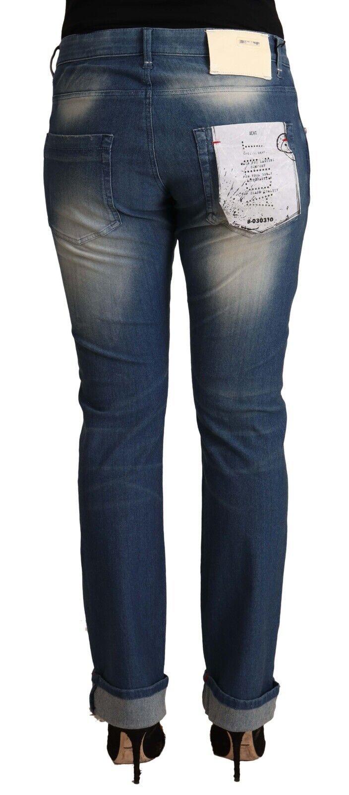 Acht Blau gewaschene Skinny Jeans mit gefaltetem Saum und mittlerer Taille