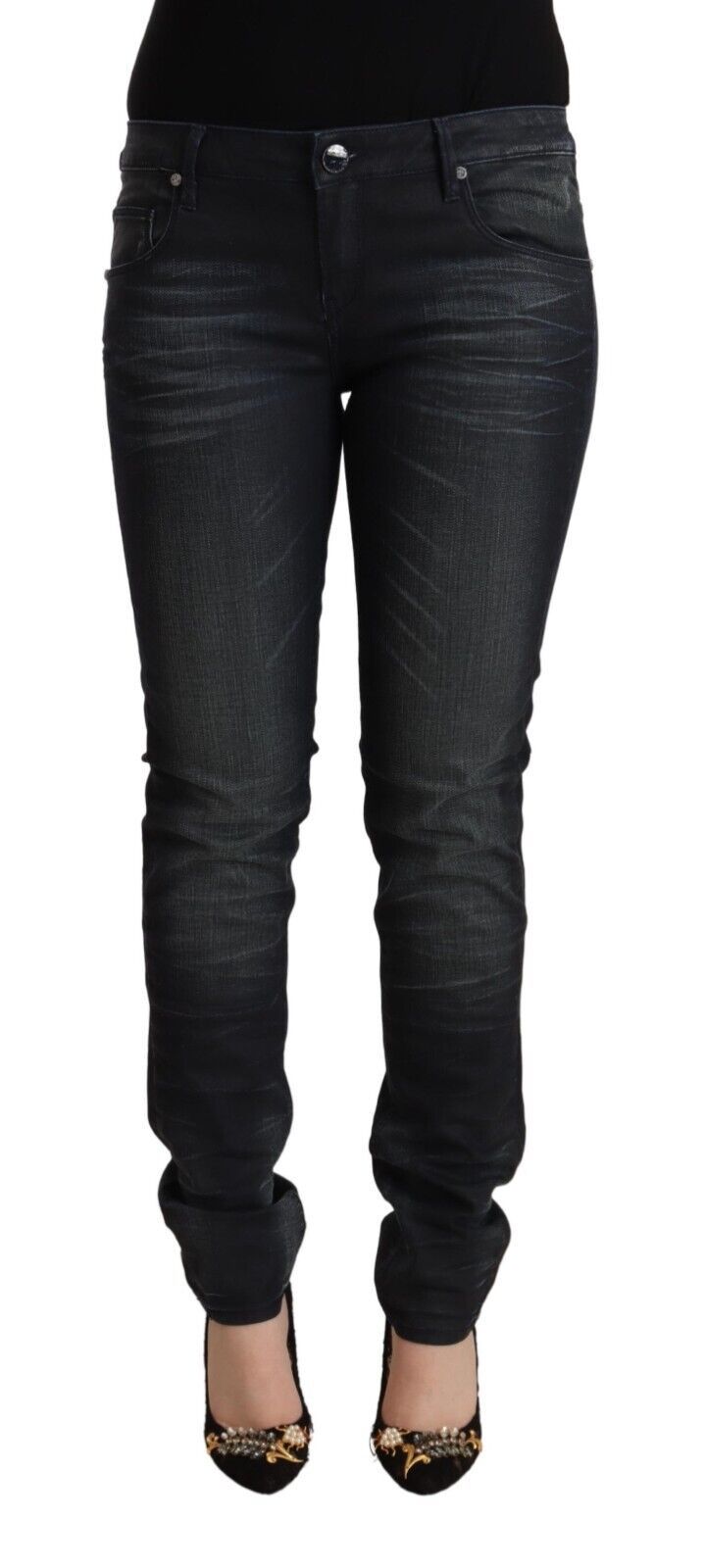 Acht Schwarze Slim Fit Denim-Jeans aus gewaschener Baumwolle mit niedriger Taille