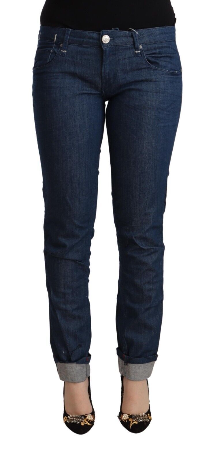 Acht Blaue Baumwoll-Skinny-Jeans mit gefaltetem Saum und niedriger Taille