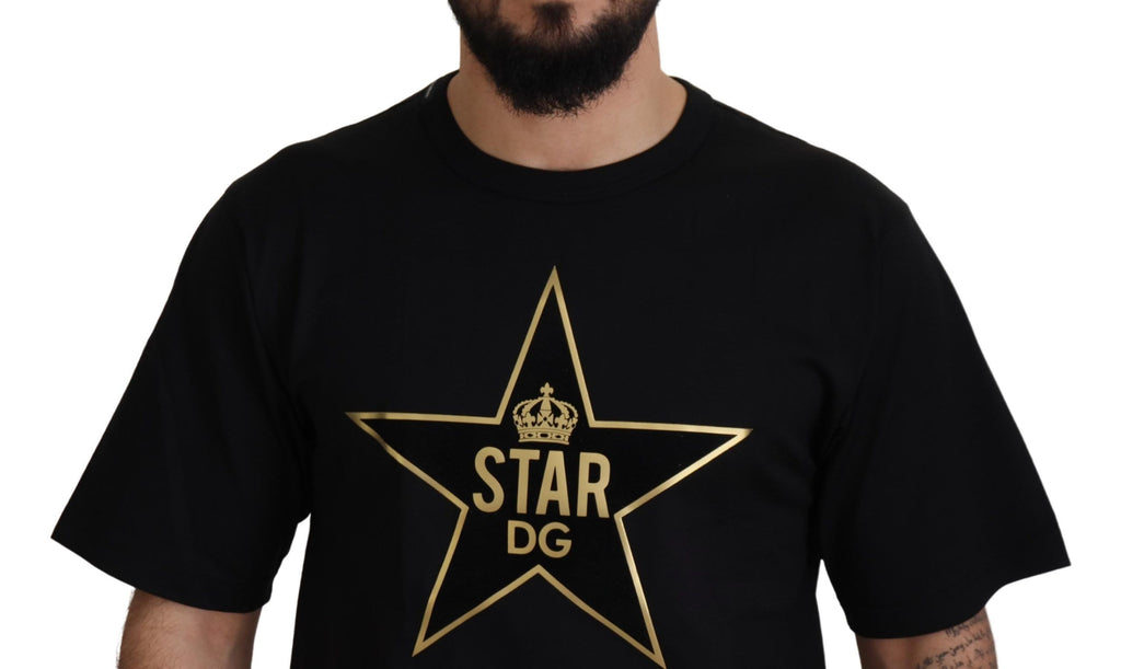 Dolce & Gabbana Schwarzgoldenes STAR Crown DG Baumwoll-T-Shirt mit Rundhalsausschnitt
