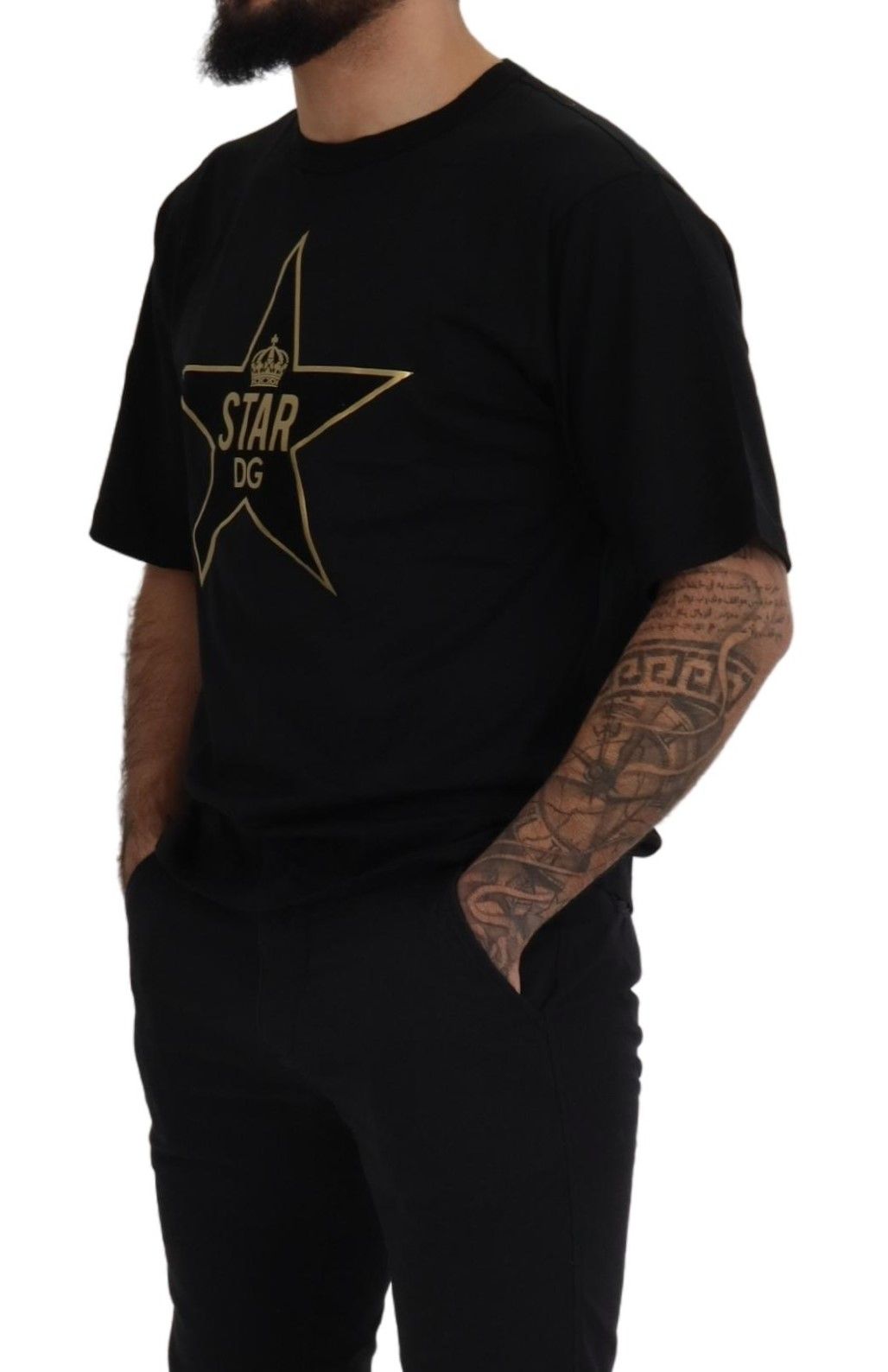 Dolce & Gabbana Schwarzgoldenes STAR Crown DG Baumwoll-T-Shirt mit Rundhalsausschnitt