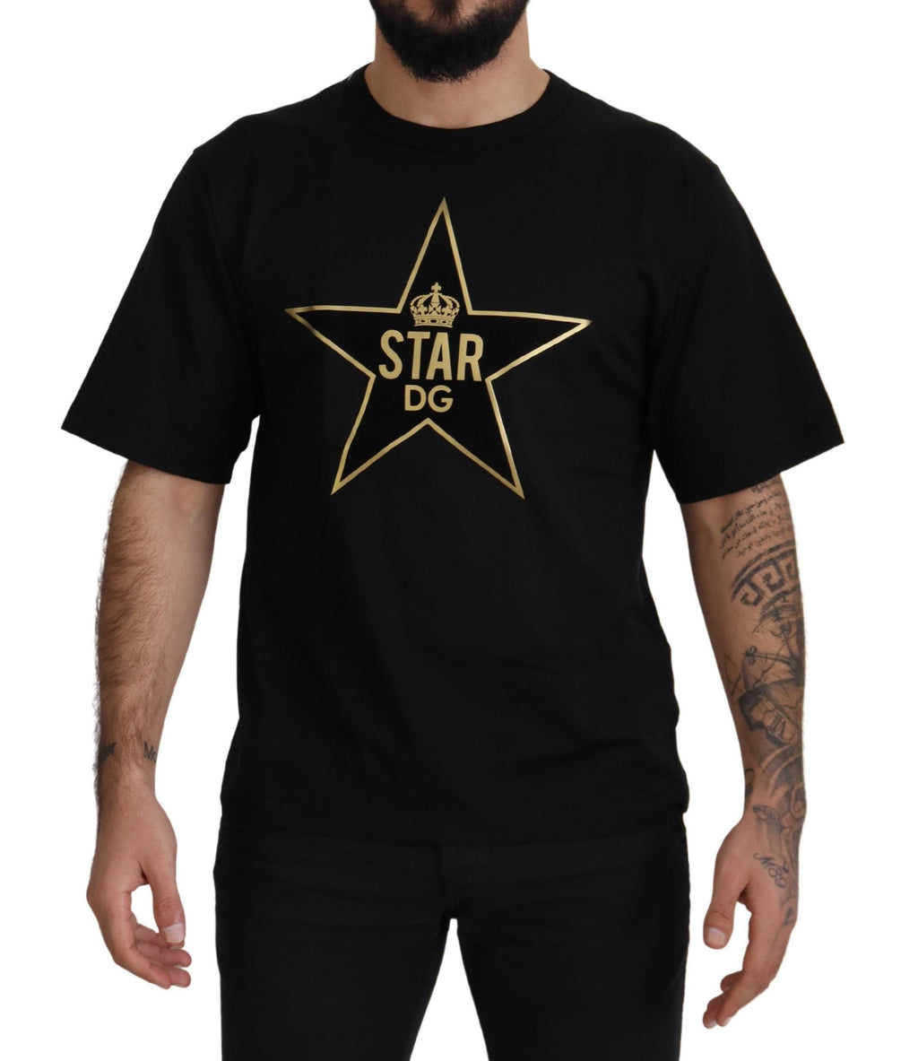 Dolce & Gabbana Schwarzgoldenes STAR Crown DG Baumwoll-T-Shirt mit Rundhalsausschnitt
