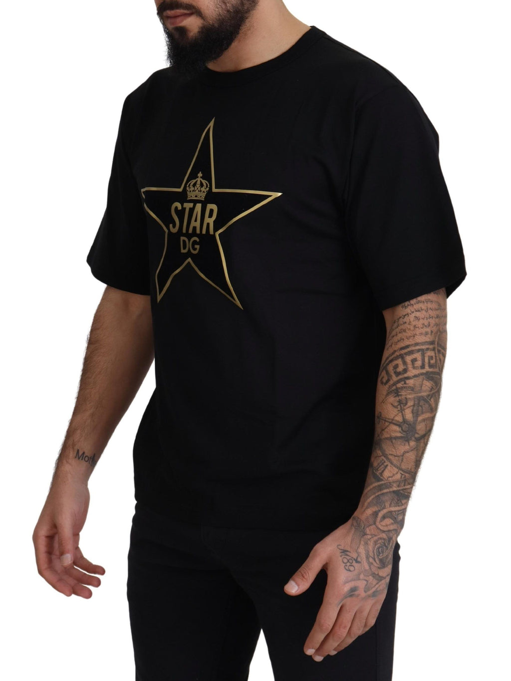 Dolce & Gabbana Schwarzgoldenes STAR Crown DG Baumwoll-T-Shirt mit Rundhalsausschnitt