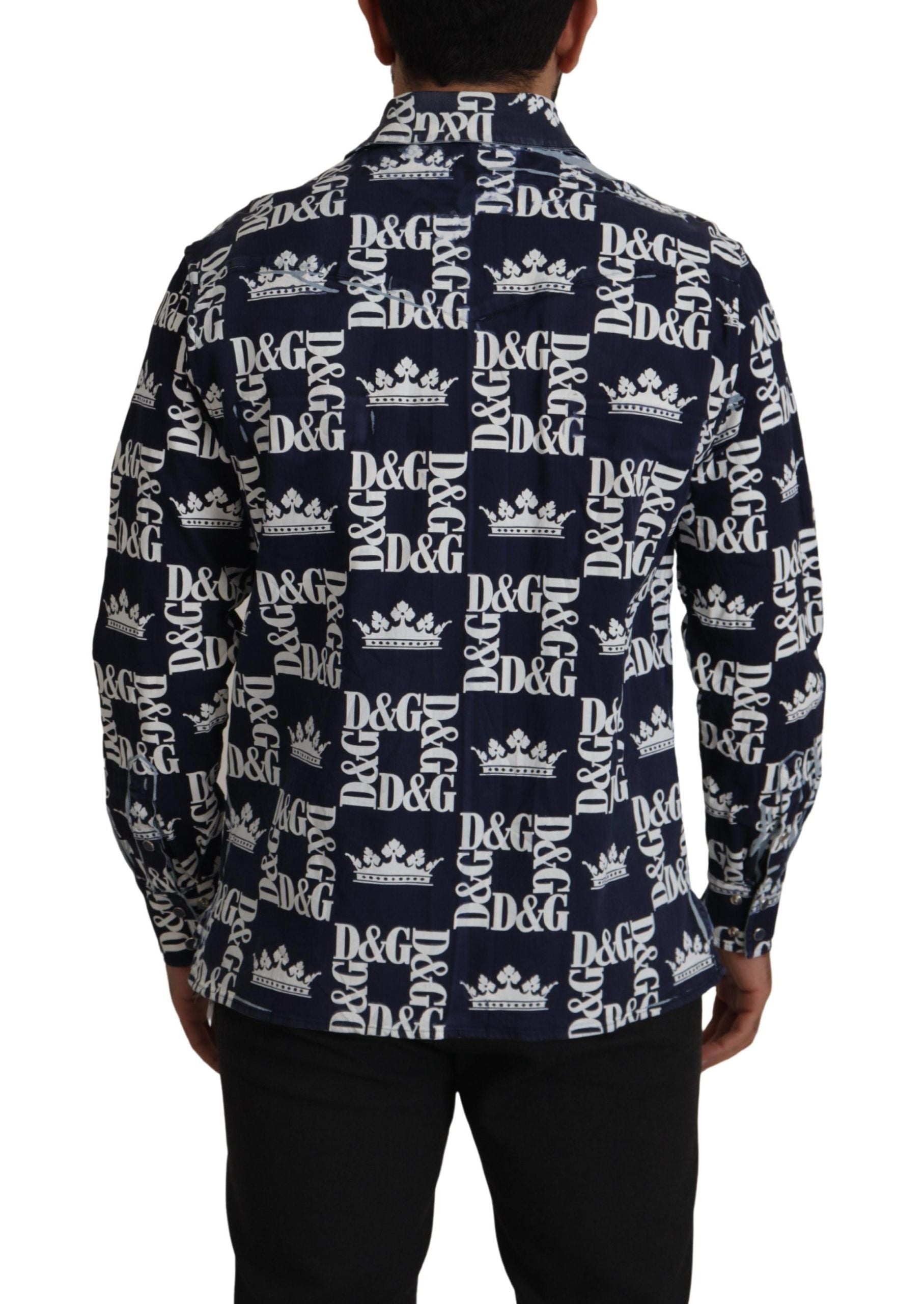 Dolce & Gabbana Blaues Denim Stretch DG Crown Logo Freizeithemd