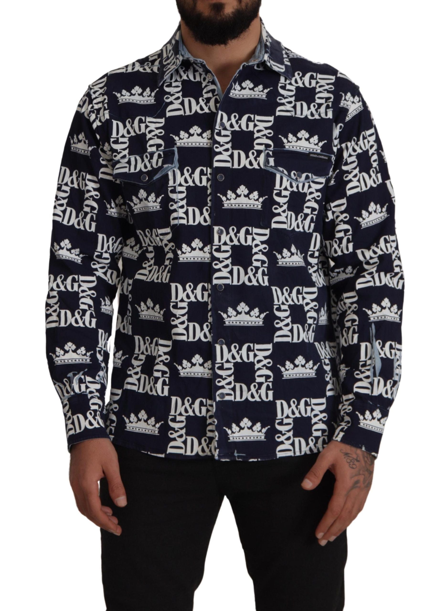 Dolce & Gabbana Blaues Denim Stretch DG Crown Logo Freizeithemd