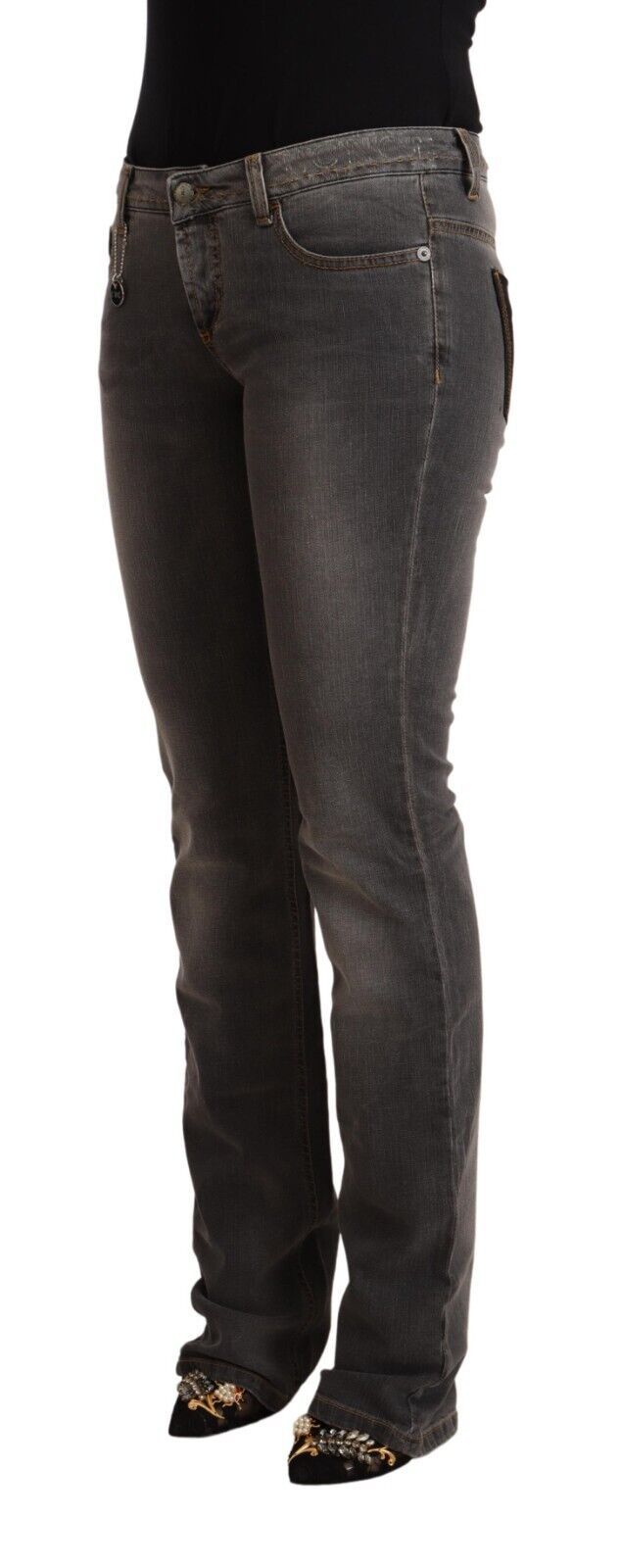 Costume National Graue gewaschene Straight Denim Jeans mit niedriger Taille