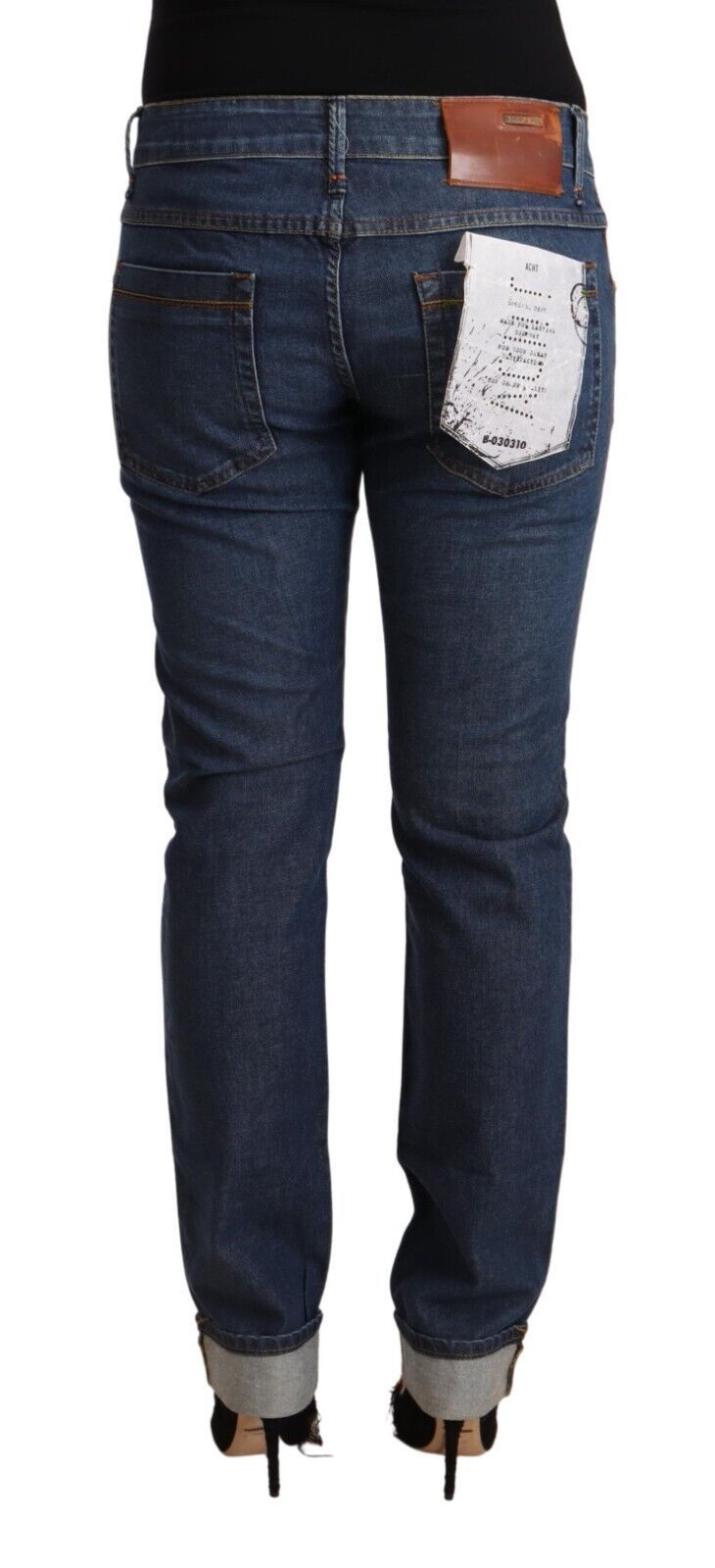 Acht Dunkelblaue Slim Fit Denim-Jeans aus Baumwolle mit gefaltetem Saum