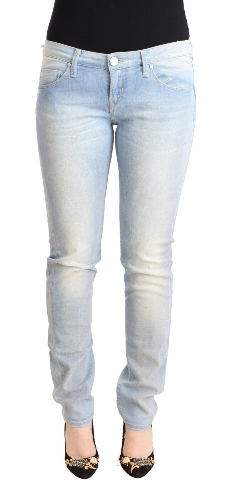 Acht Hellblaue Skinny Denim-Jeans aus gewaschener Baumwolle mit niedriger Taille