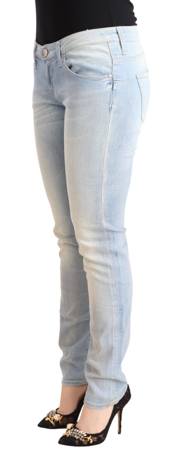Acht Hellblaue Skinny Denim-Jeans aus gewaschener Baumwolle mit niedriger Taille