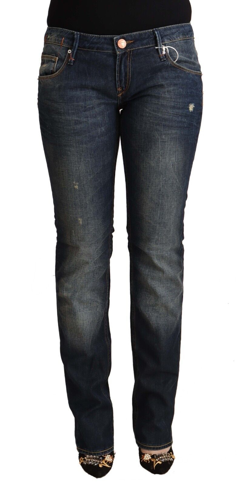 Acht Blaue Skinny Denim Jeans aus gewaschener Baumwolle mit niedriger Taille