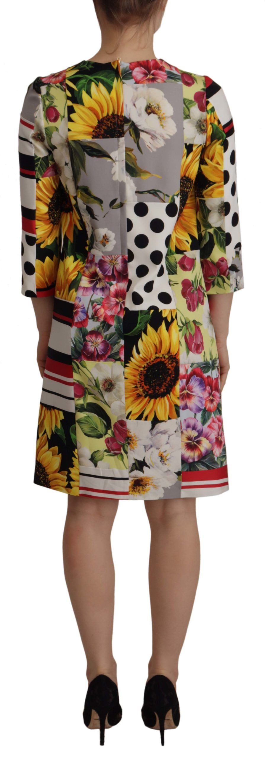Dolce & Gabbana Multicolor Charmeuse Floral Mantel Jaquard Pachwork Kleid