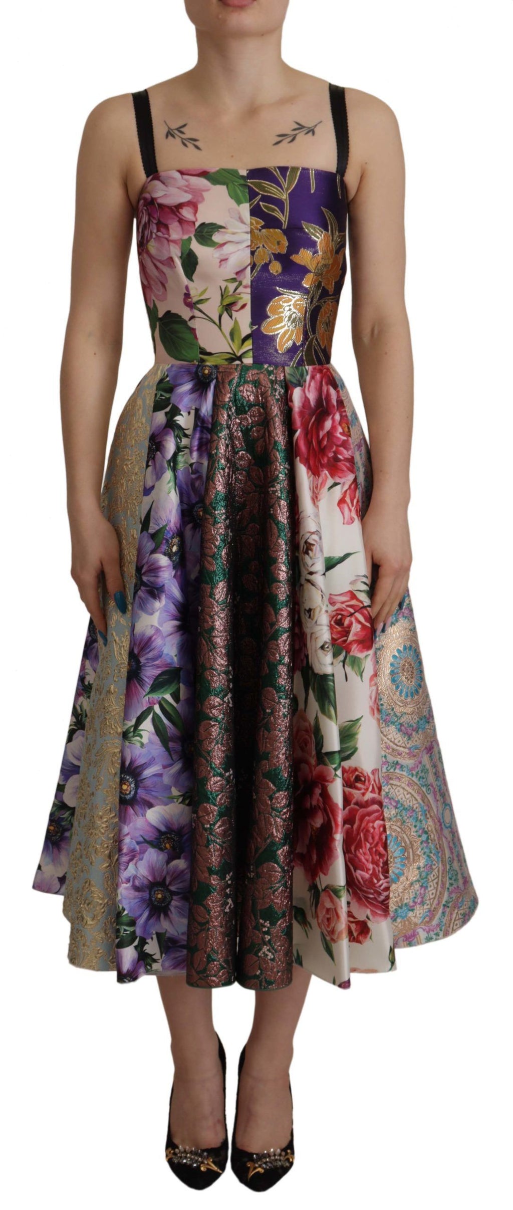 Dolce & Gabbana Kleid Midi Patchwork Floral Jaquard Seide
