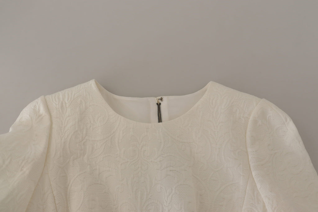 Dolce & Gabbana Weißes Jaquard Midi Kleid mit Blumenmuster und Brokatbesatz